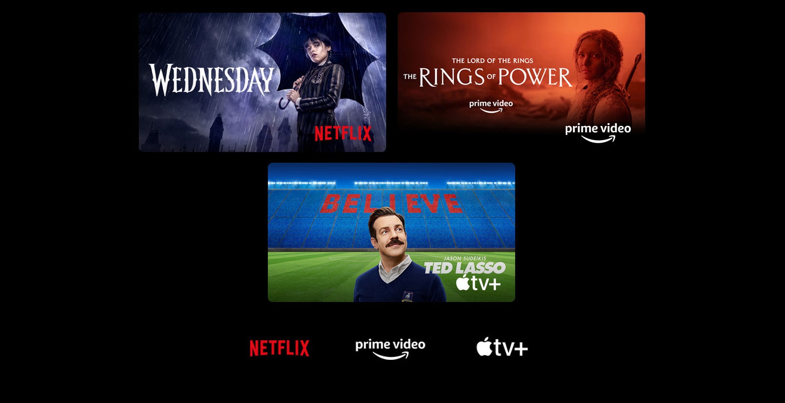 A poster of Wednesday from Netflix, Tulsa King from Paramount+, Top Gun: Maverick from SkyShowtime, National Treasure from Disney+, The Rings of Power from Prime Video, Ted Lasso from Apple TV Plus, and a still from LG Channels with a leopard in the wild.