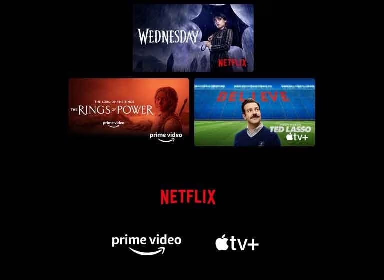 A poster of Wednesday from Netflix, Tulsa King from Paramount+, Top Gun: Maverick from SkyShowtime, National Treasure from Disney+, The Rings of Power from Prime Video, Ted Lasso from Apple TV Plus, and a still from LG Channels with a leopard in the wild.