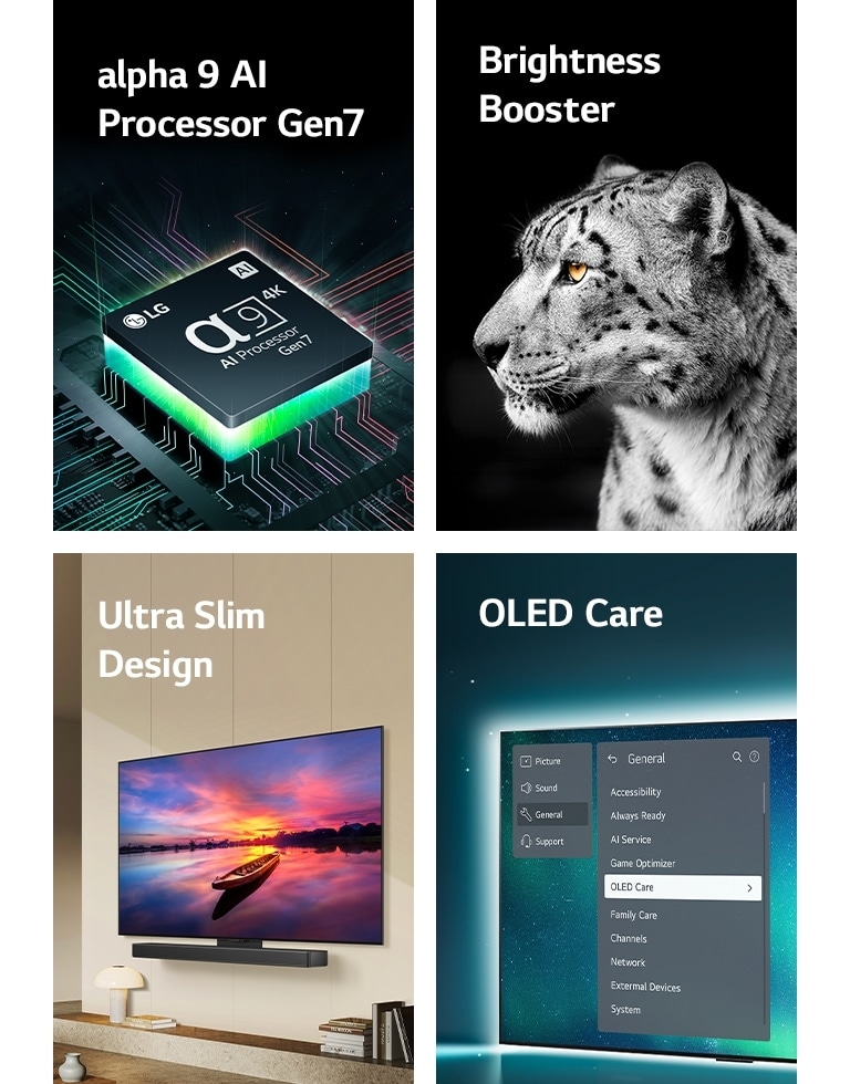 LG's alpha 9 AI Processor Gen7 on top of a motherboard, emitting green bolts of light.  Brightness Booster with a side face image of a white leopard.  Ultra slim and LG Soundbar-ready as they are placed flat against the wall in a modern living space.  OLED TV with the OLED Care menu is selected in the support menu that is up on the screen.