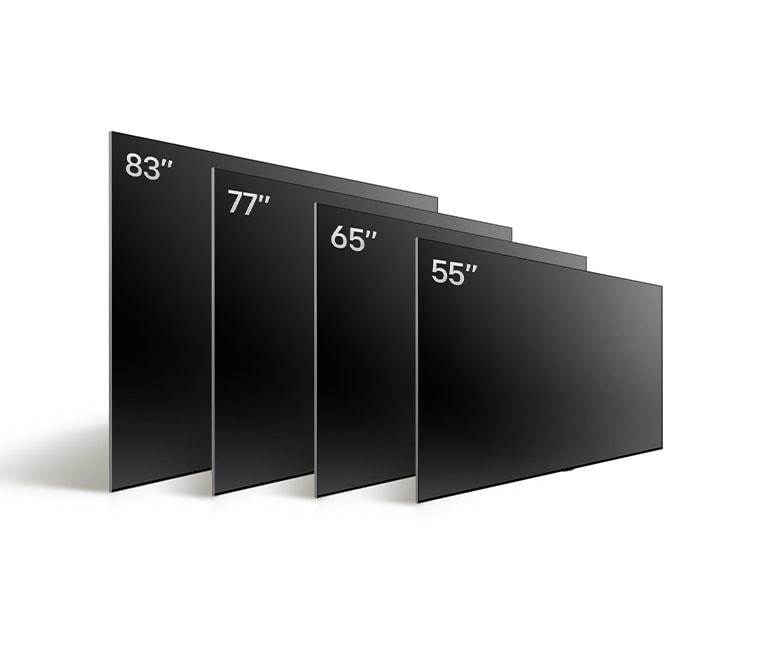 Comparing LG OLED TV, OLED C4's varying sizes, showing OLED 55", OLED C4 65", OLED C4 77", and OLED C4 eighty three".