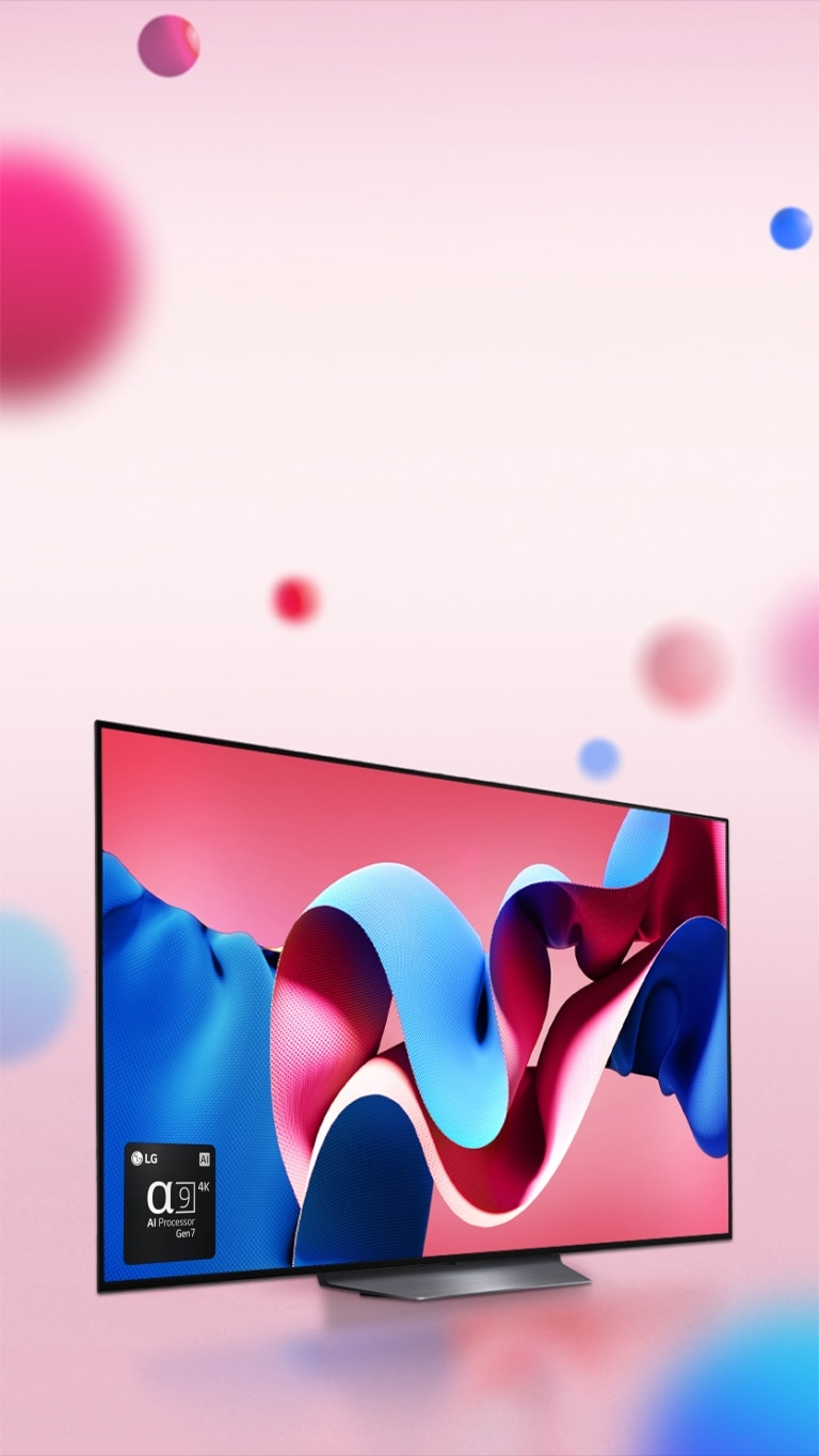 LG OLED CS4 facing 45 degrees to the right with a pink and blue abstract artwork on screen against a pink backdrop with 3D spheres. The OLED TV zooms out. On the bottom left there is a logo of LG alpha 9 AI Processor Gen