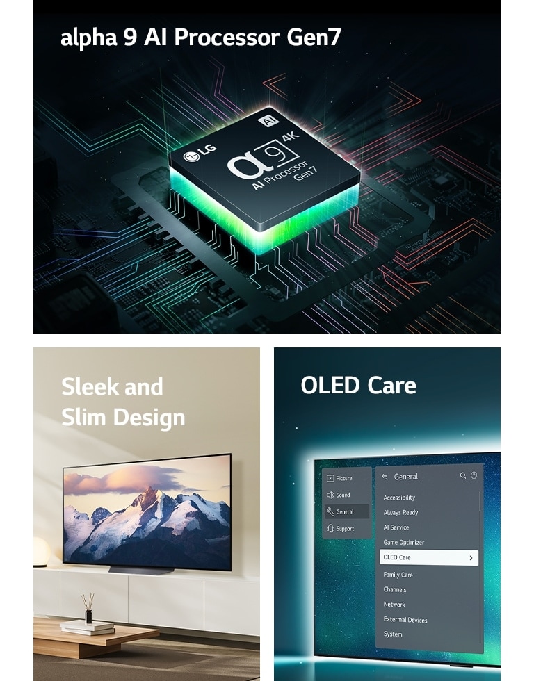 LG's alpha 9 AI Processor Gen7 on top of a motherboard, emitting green bolts of light.  Sleek and Slim Designed OLED TV placed in a modern living space.  OLED TV with the OLED Care menu is selected in the support menu that is up on the screen.