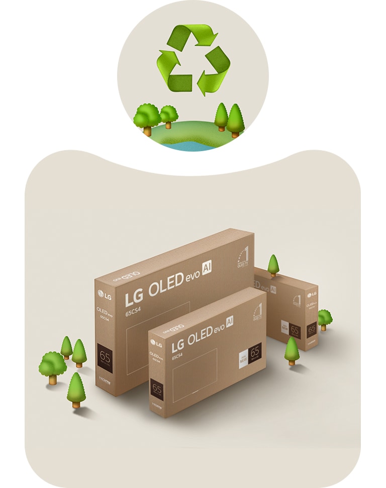 LG OLED packaging against a beige background with illustrated trees.