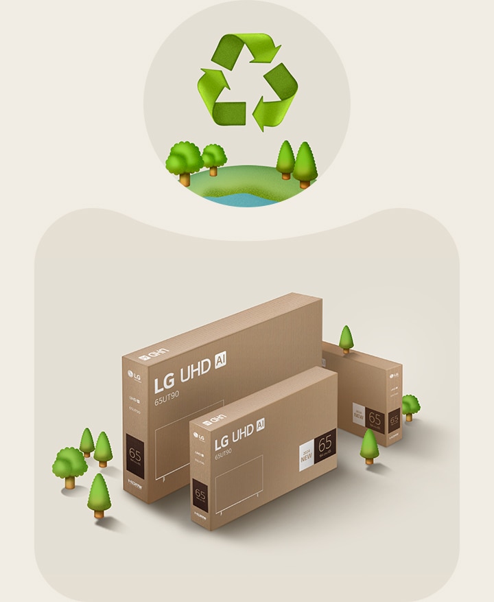 An image of LG UHD packaging against a beige background with illustrated trees.