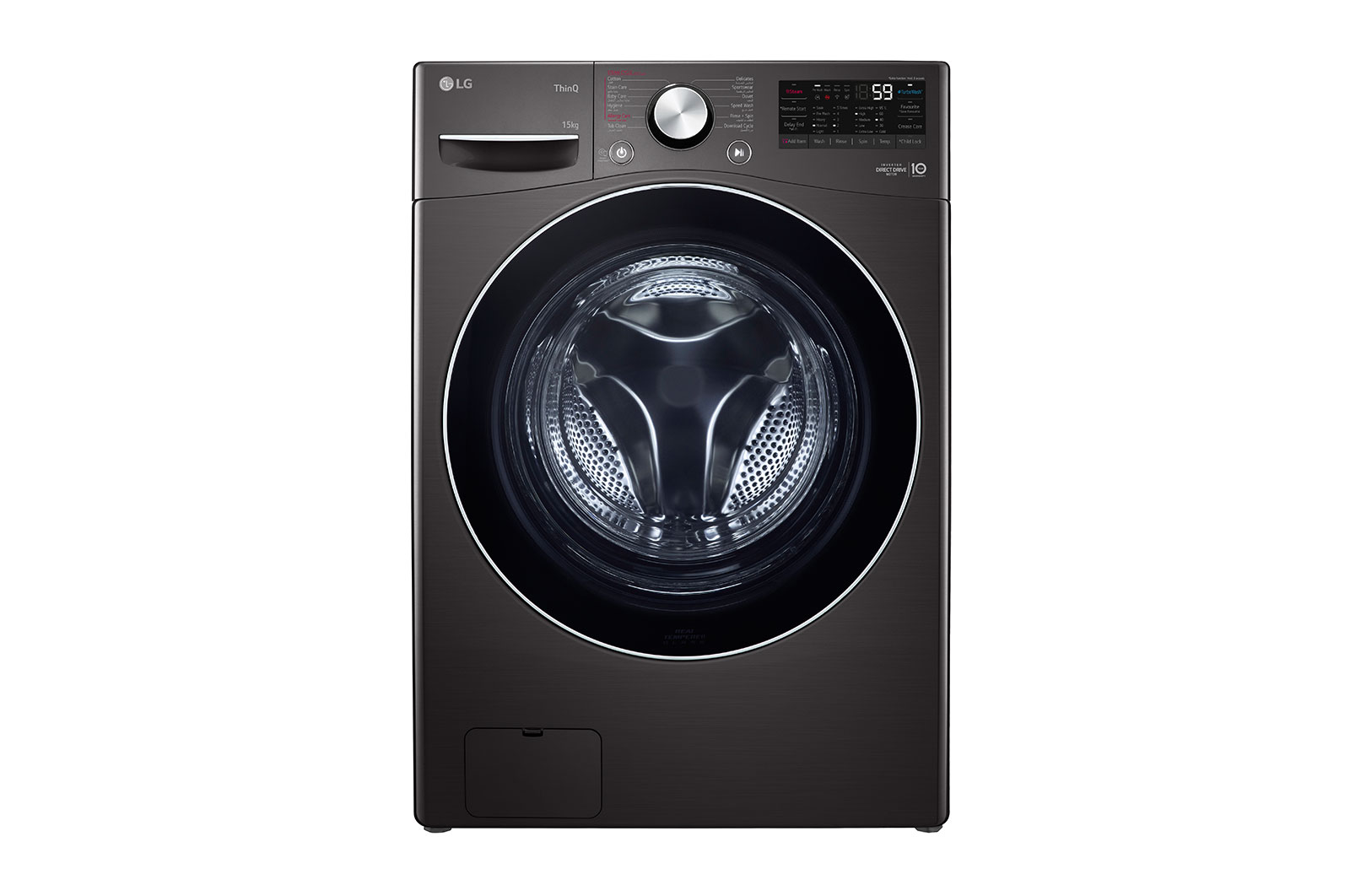 LG 15 kg Front load washing machine with AI DD™, Black steel ,Bigger capacity in same size,SmartThinQ™ (Wi-Fi), Tempered Glass Door., F0L9DYP2E