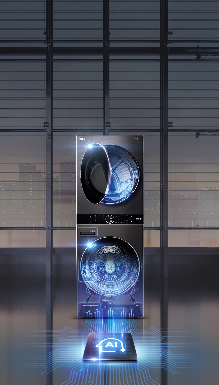 There is a Washtower in the center of the transparent glass building. There is an AI semiconductor chip on the bottom.