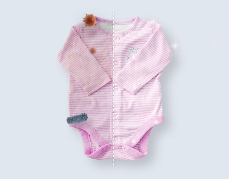 Pink baby onesie with left side stained and dirty, right side clean and bright, divided vertically.