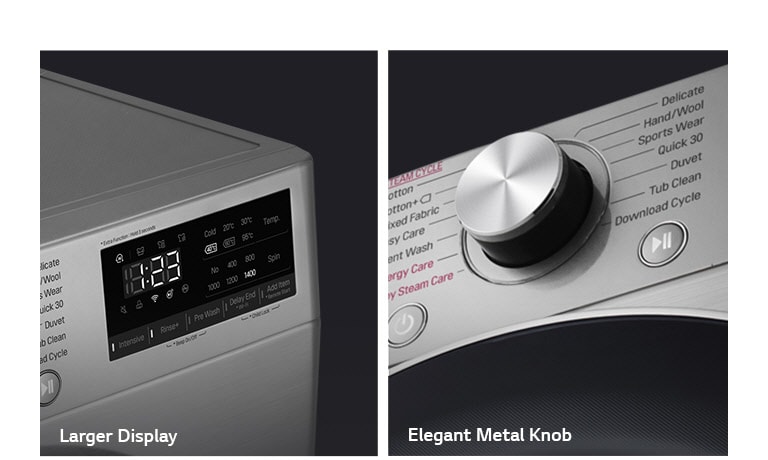 Washing machine with a large digital display on the left for options, and a sleek metal knob on the right for selection.