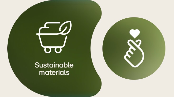 On the left LG's sustainable materials icon is shown with its name written below. On the right ESG finger-heart icon is shown.
