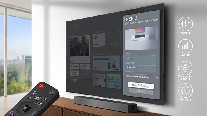 A wall-mount TV is showing LG webOS home screen and SH5A is placed below the TV, on the TV table. On the left a LG TV remote control is partially shown and on the right 4 icons are showing WOW Interface features.