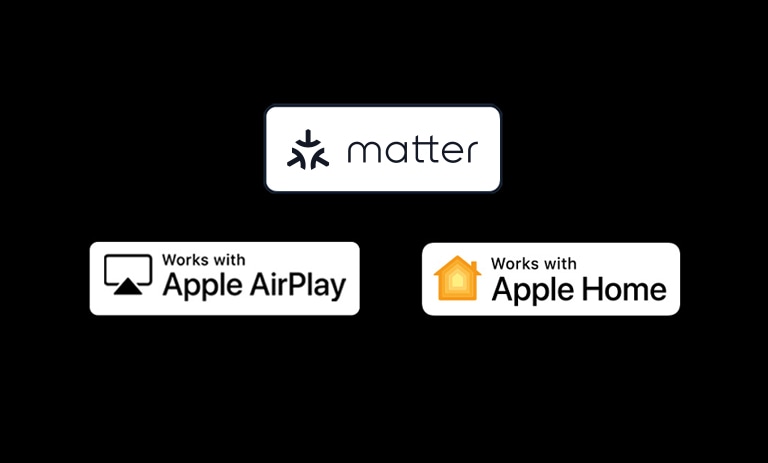 The logo of matter The logo of works with Apple AirPlay The logo of works with Apple Home