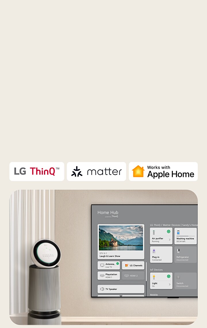 Logotipos de LG ThinQ™, Matter y Apple Home.   Un LG TV montado en una pared y un LG PuriCare™ Objet Collection 360° a la izquierda. El televisor muestra Home Hub y un cursor hace clic sobre “Purificadores de aire” y se activa el LG PuriCare™ Objet Collection 360°. 