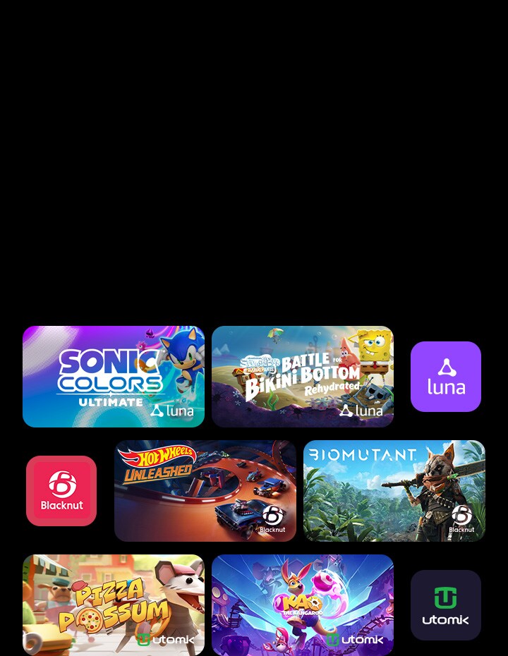 Juegos exclusivos de “Sonic Colors”: “Ultimate” y “Play SpongeBob”: Se muestra el juego “Battle for Bikini Bottom - Rehydrated” de la plataforma de juego en la nube Luna, “HOT WHEELS UNLEASHED” y “BIOMUTANT de la plataforma de juego Blacknut, “Pizza Possum” y “Kao the Kangaroo” de la plataforma de juego Utomik.