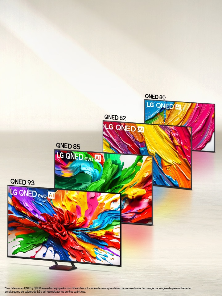 Gama de cuatro televisores LG QNED evo AI en línea, QNED80, QNED82, QNED85 y QNED93.