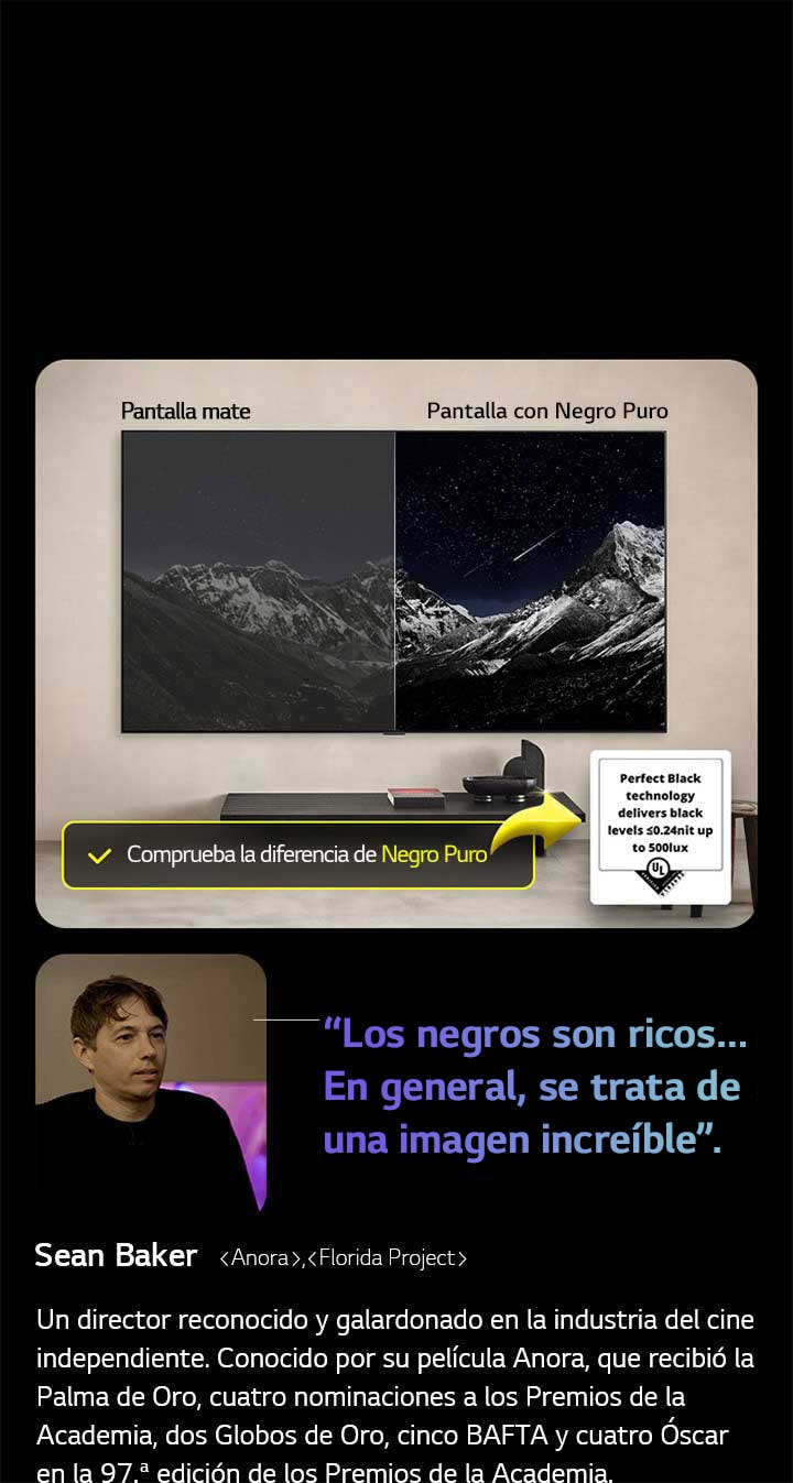 LG OLED TV montado en pared. En la pantalla se ve una cadena montañosa contra un cielo nocturno lleno de estrellas. La pantalla está dividida por la mitad. En un extremo, etiquetado como Non Perfect Black (negro no perfecto), los colores son apagados y grises, las estrellas apenas son visibles. En el otro extremo, la pantalla etiquetada como Perfect Black (Negro perfecto), los negros son profundos y oscuros, las estrellas son brillantes y blancas, lo que da como resultado una imagen muy agradable con un alto contraste.