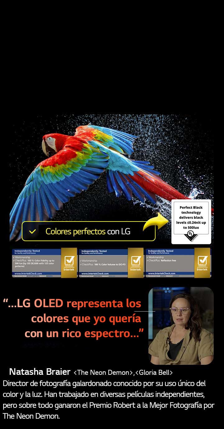 Un loro muy colorido en ultra alta definición ante un fondo negro. A su alrededor, se pueden ver una gotas de agua suspendidas en el aire. La imagen muestra como Perfect Color hace que cada una de las tonalidades del cuerpo del loro sea vibrante y vívida. El fondo oscuro con gotas de agua demuestra que la pantalla está libre de reflejos. Se pueden ver los diferentes logotipos de las certificaciones de UL y de Intertek. En referencia a que garantiza 100% Color Fidelity, 100% Color Volume y una pantalla libre de reflejos. También se puede leer el texto ”comprueba la certificación Perfect Color”.