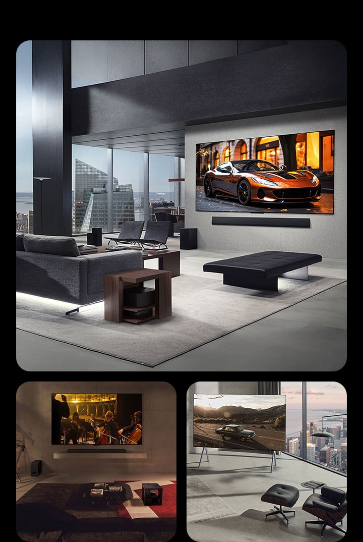 Tres salas de estar diferentes con un televisor True Wireless LG que muestra lo despejado que está el espacio sin necesidad de cables. La Zero Connect Box también se ve perfectamente guardada, casi oculta a la vista.