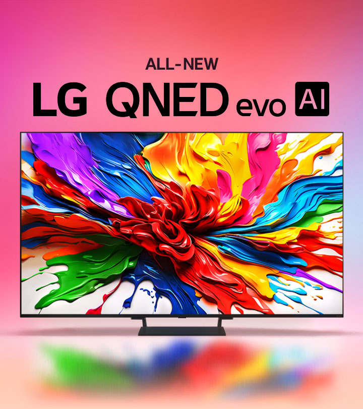 Un televisor LG QNED TV delante de un colorido fondo degradado. En la pantalla aparece una imagen bellamente saturada de diferentes salpicaduras de pintura que resaltan las capacidades de color del televisor. También se ve el logotipo del novísimo LG QNED evo AI.