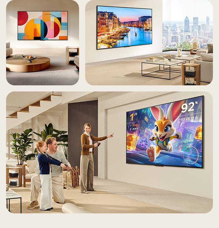 Conjunto de diferentes salas de estar que tienen un televisor LG True Wireless QNED. Todos estos espacios están visualmente ordenados y sin líos de cosas. En las pantallas de los televisores hay diferentes obras de arte que hacen que el televisor se sienta como un bello complemento del espacio. La Zero Connect Box y otros periféricos están colocados en una pequeña mesilla auxiliar y apenas se ven.