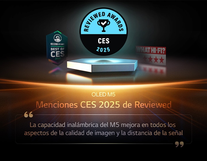 Mención para el OLED M5 de Reviewed. El extracto de su reseña indica: la capacidad inalámbrica del M5 mejora en todos los aspectos de la calidad de imagen y la distancia de la señal.