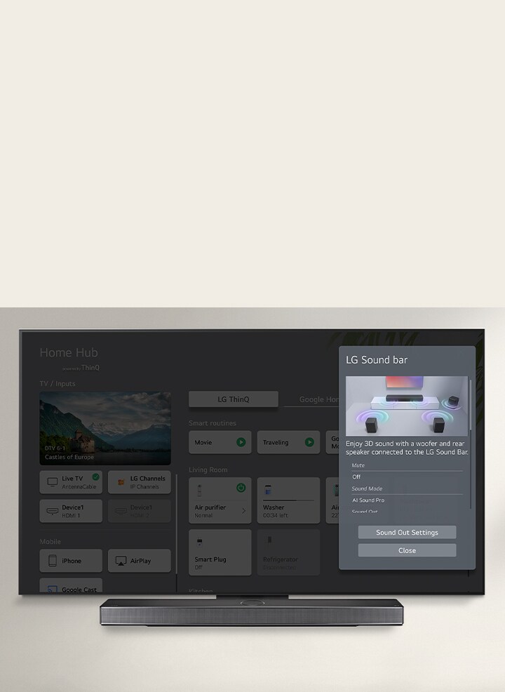 La barra de sonido LG está debajo de un televisor LG OLED. En la pantalla del televisor está la interfaz de usuario de la barra de sonido y los controles de volumen del televisor.