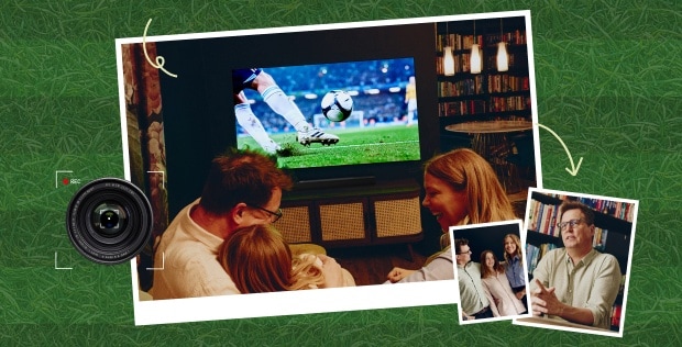 Una familia disfrutando de ver un partido de fútbol en una gran televisión, una grabación de una cámara de una escena de entrevista, y una lente de cámara