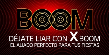 The word "BOOM" is written against the red light. The text is modified to emphasize its powerful sound. Below "BOOM," the phrase "BRING THE XBOOM FOR THE ULTIMATE PARTY ANTHEM" is shown. 