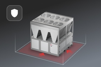 La enfriadora Inverter Scroll de LG se muestra en un espacio 3D con flechas rojas.