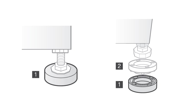 Si la separación entre el suelo y las patas niveladoras supera los 10 mm, no aflojes la pata que se debe nivelar Coloca patas de goma o plástico para obtener el nivelado adecuado Aflojar la pata más de 10 mm puede hacer que aumente la vibración y el ruido Goma para pata 1, goma para pata 2