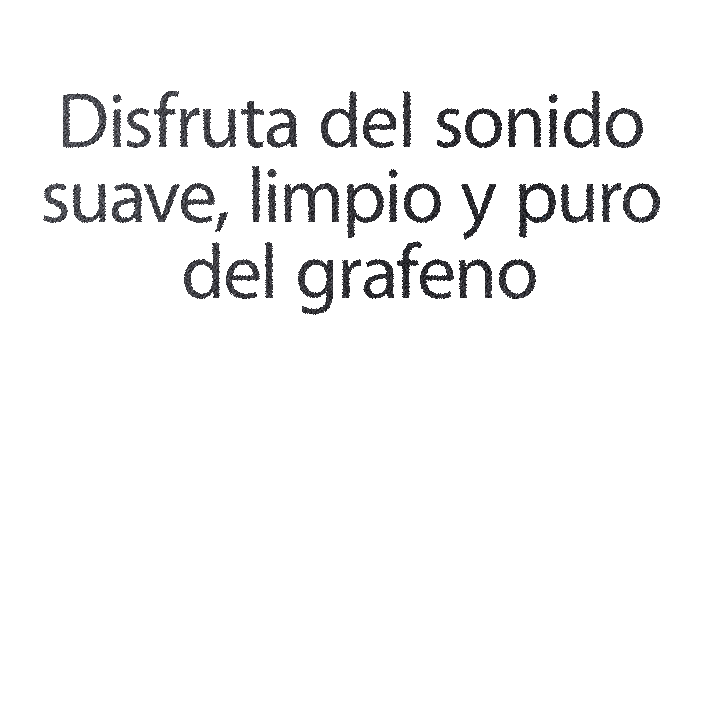 La imagen muestra un patrón hexagonal sobre fondo negro. Al desplazarse por la página, una imagen de texto dice: «Disfruta del sonido suave, rico y limpio del grafeno».