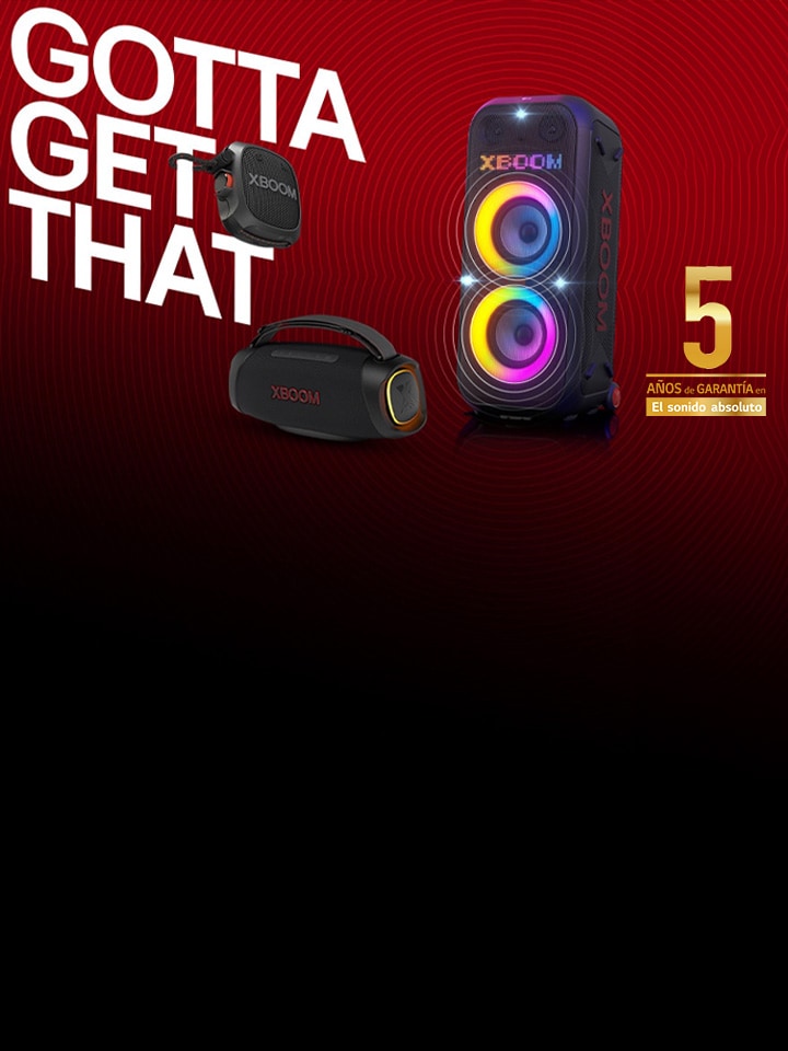 There is a black and red gradient background. On the left side, the text "GOTTA GET THAT" is displayed boldly. The XG2T is positioned around the text. At the bottom, the XG8T stands on the floor with yellow lighting illuminating it. On the right side, the XL9T is placed on the surface, with two multi-colored ring lightings  on. Sound graphics emanate from the XL9T and spread throughout the background. On the XL9T's LED panel, "XBOOM" is displayed. 