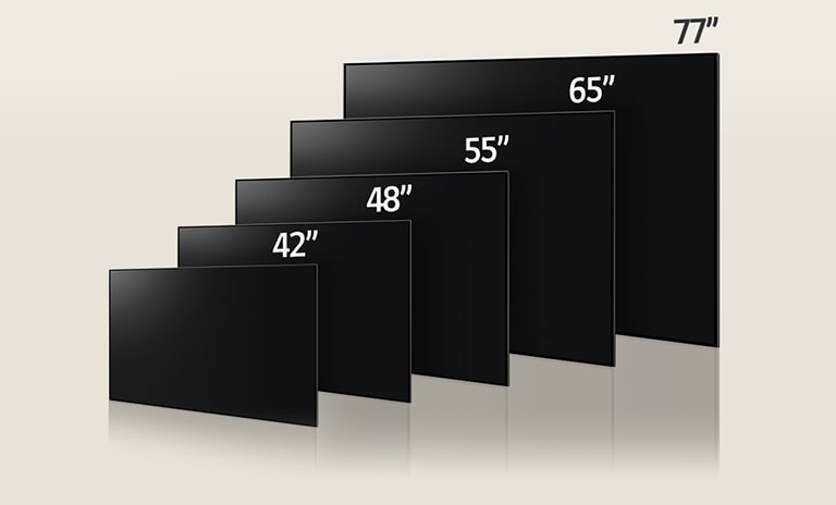 Una imagen que compara los distintos tamaños de LG OLED C3, mostrando 42", 48", 55", 65", 77" y 83".