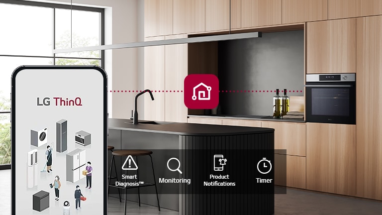 Imagen de un horno y un smartphone conectados a través de ThinQ. Hay un icono que muestra las funciones ThinQ, diagnóstico inteligente, monitorización, notificaciones, temporizador.