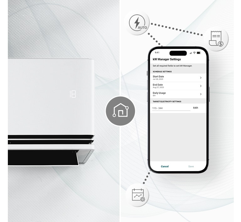 Un aire acondicionado y un smartphone con pantalla LG ThinQ™. Alrededor del teléfono móvil aparecen iconos que presentan las funciones ThinQ.