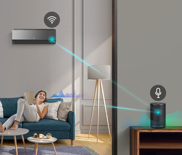 Three icons at the top indicate there are three images in a carousel. The first icon, labelled "Voice Control", is red. A man stands in a kitchen cooking. Sound wave lines appear next to him and then a line appears from him to the AI speaker on the counter and a microphone icon appears above the speaker. Sound wave lines then appear around the speaker and a line from the speaker to the oven. The Wifi icon appears above the oven.