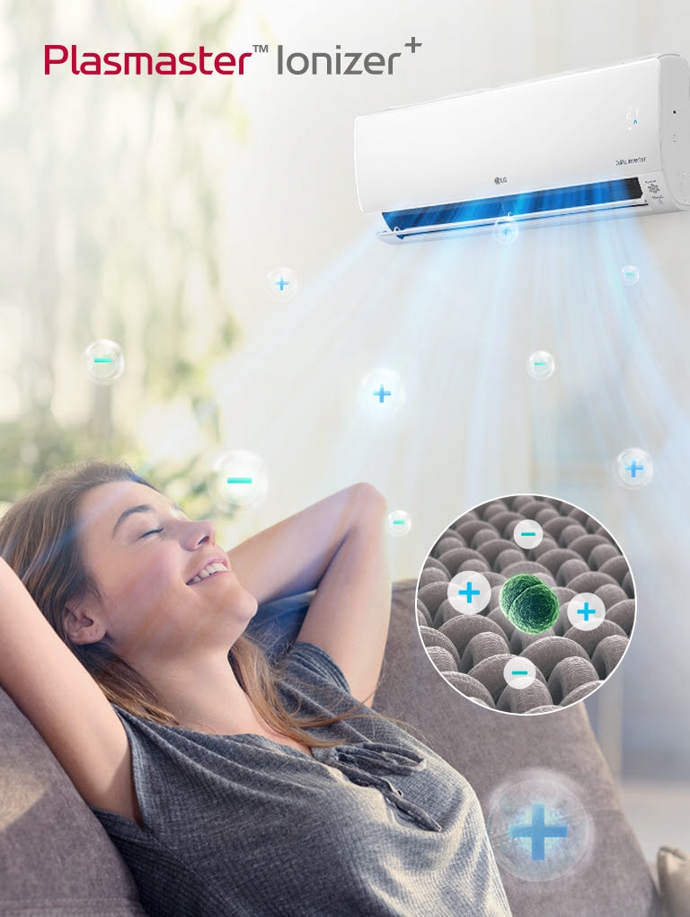 A play/pause button on the bottom indicates this is a video. A woman stretches back smiling on a couch. An LG air conditioner on the wall above her blows out air. Bubbles with plus and minus signs move through the air due to the Plastmaster Ionizer. There is a circle with a magnified view of the plus minus ion bubbles surrounding bacteria and deoderizing it. The Plasmaster Ionizer logo can be seen in the corner of the image.