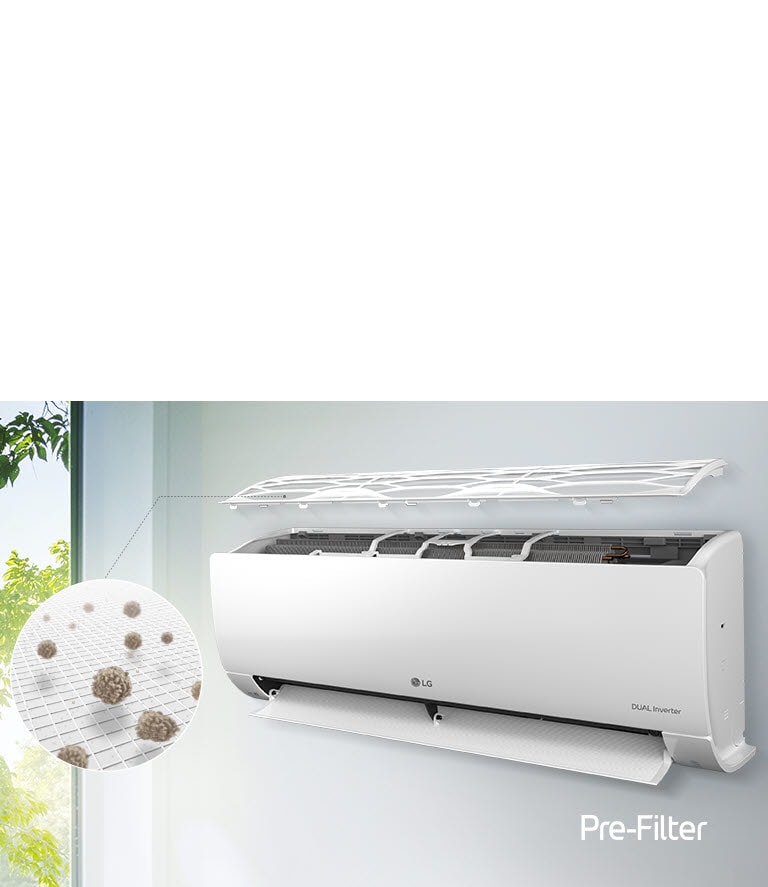 El aire acondicionado LG está instalado en la pared y visto desde un ángulo lateral. El panel superior se abre hacia arriba para que se vean los filtros interiores. Una línea desde el prefiltro conduce a un círculo ampliado que muestra el polvo atrapado en el prefiltro. El logotipo del prefiltro aparece en la esquina inferior derecha.