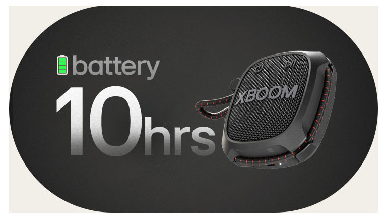 LG XBOOM Go XG2 se encuentra en un espacio infinito y muestra 10 horas de duración de la batería.