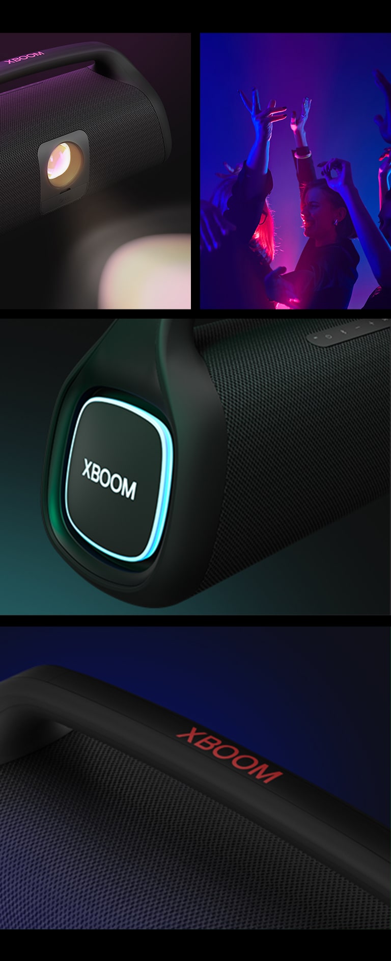 Collage. Desde la izquierda, primer plano de LG XBOOM Go XG9. A continuación, imagen de personas disfrutando de la música. A la derecha, de arriba abajo: primer plano del altavoz con iluminación rosa y dos vasos de bebida.