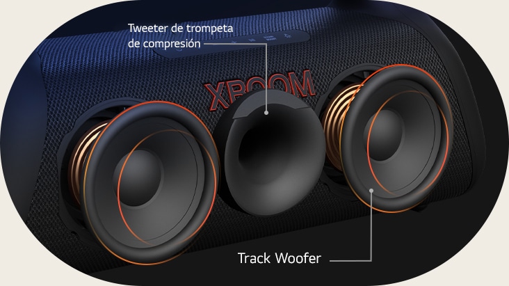 Vista diagonal LG XBOOM Go XG9, mostrando su tweeter de trompeta de compresión y woofers.