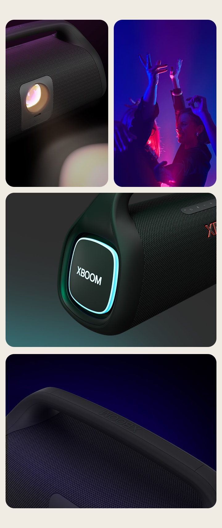 Collage. Desde la izquierda, primer plano de LG XBOOM Go XG9. A continuación, imagen de personas disfrutando de la música. A la derecha, de arriba abajo: primer plano del altavoz con iluminación rosa y dos vasos de bebida.