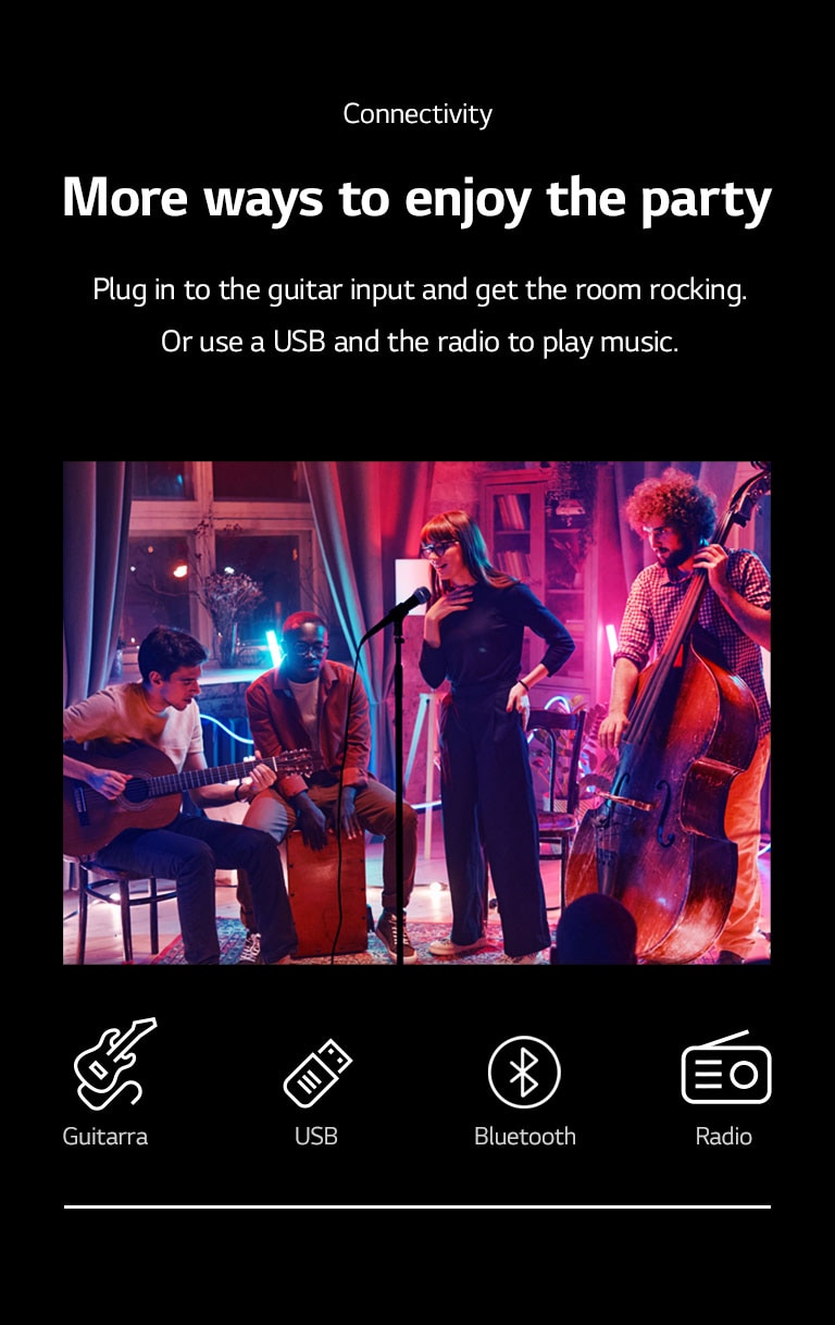 Una escena de concierto. Los iconos Entrada de Guitarra, USB, Bluetooth y Radio se muestran debajo de la imagen.