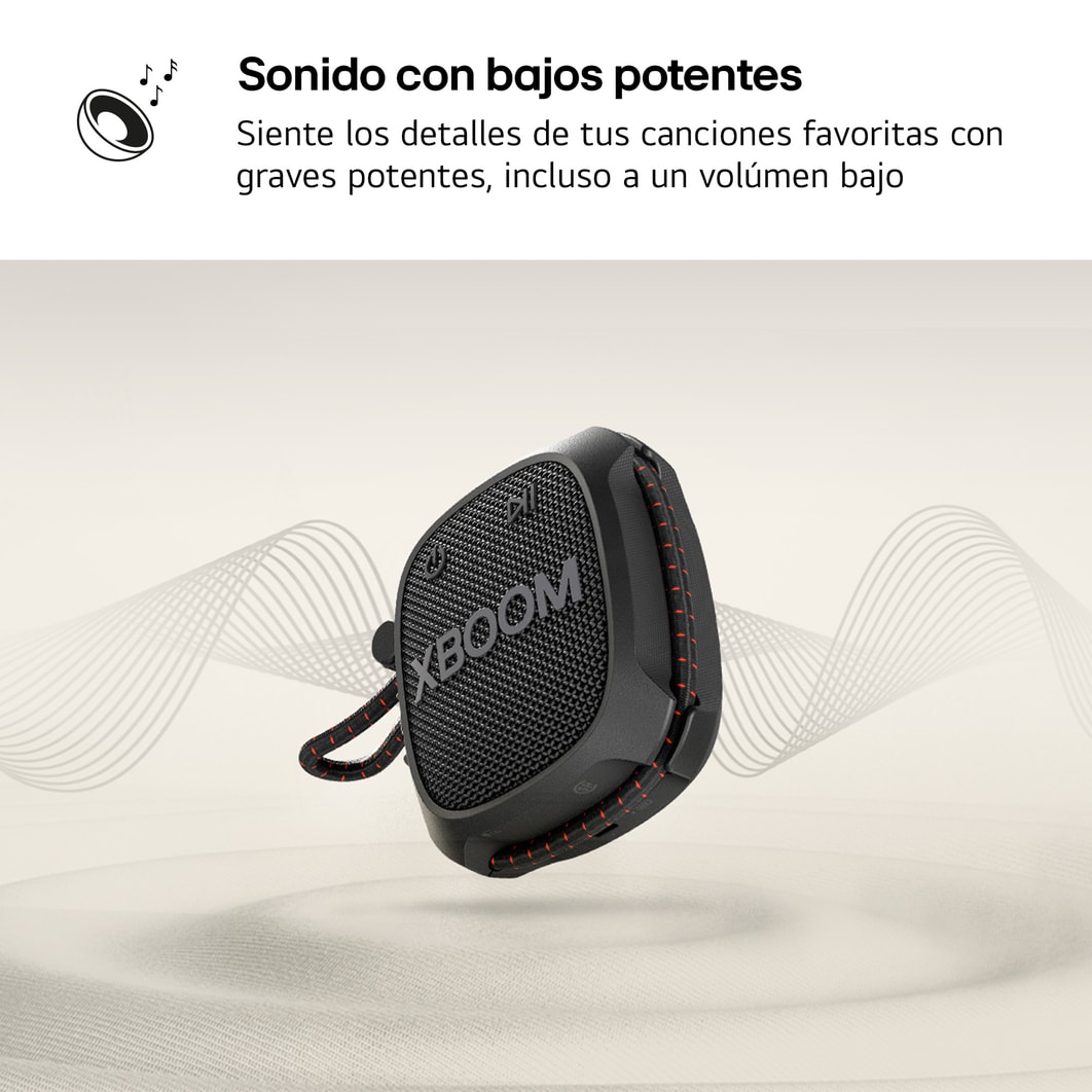 LG xboom XG2TBK - Altavoz inalámbrico, bluetooth, 5W, hasta 10h batería, resistencia militar, IP67, Negro, XG2TBK.DESB