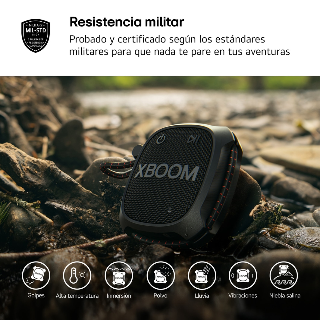 LG xboom XG2TBK - Altavoz inalámbrico, bluetooth, 5W, hasta 10h batería, resistencia militar, IP67, Negro, XG2TBK.DESB