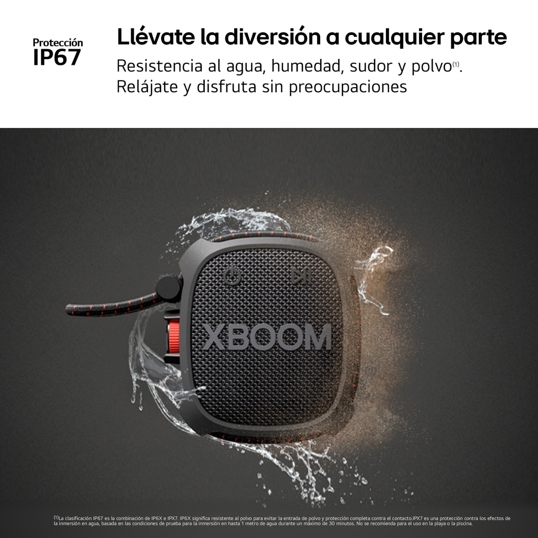 LG xboom XG2TBK - Altavoz inalámbrico, bluetooth, 5W, hasta 10h batería, resistencia militar, IP67, Negro, XG2TBK.DESB