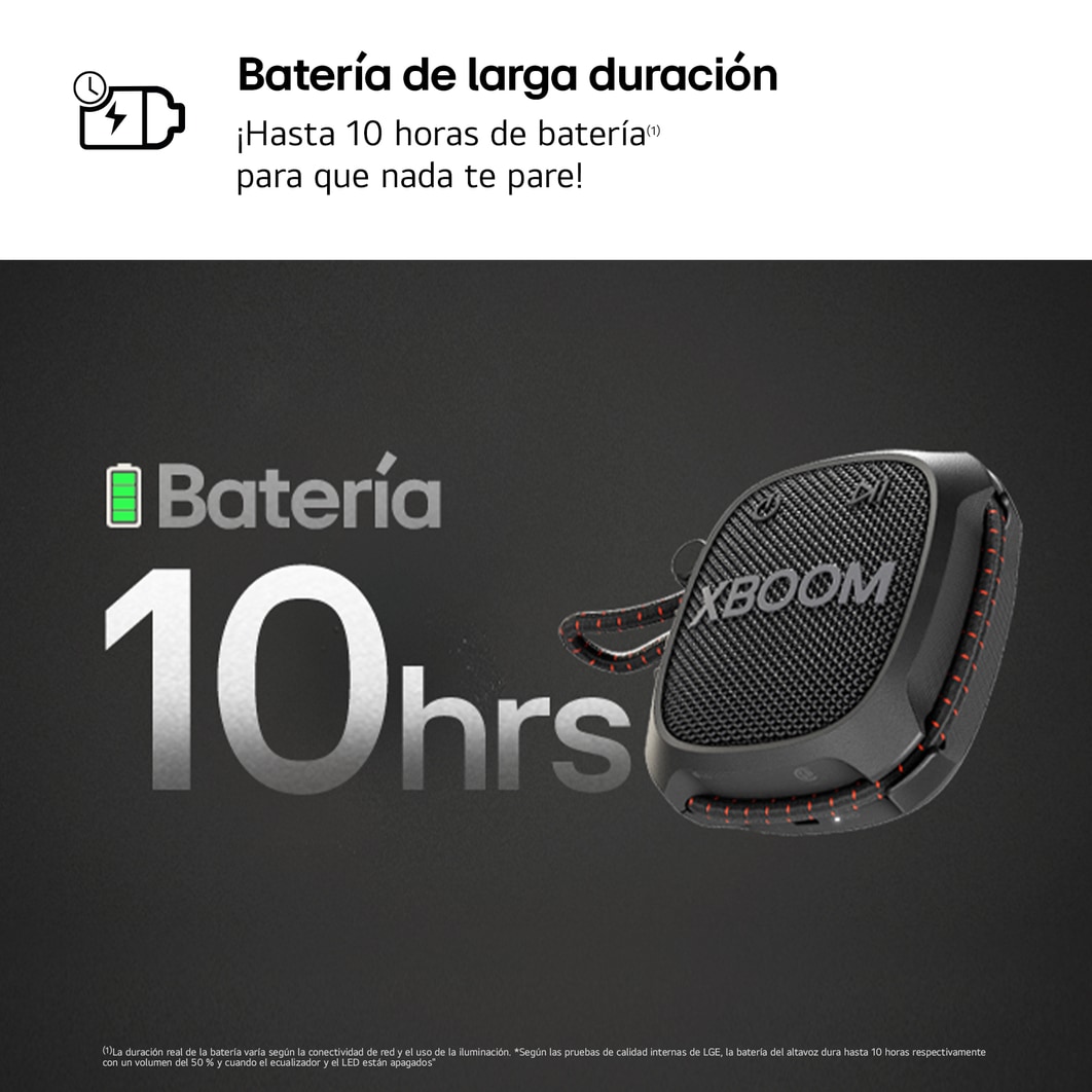 LG xboom XG2TBK - Altavoz inalámbrico, bluetooth, 5W, hasta 10h batería, resistencia militar, IP67, Negro, XG2TBK.DESB