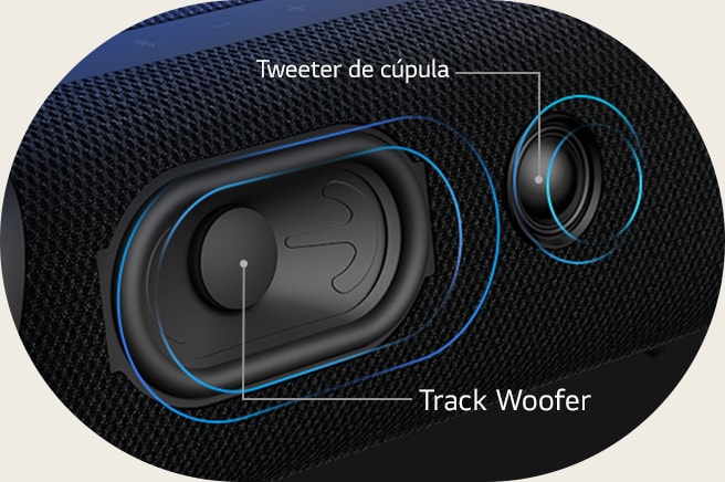 Imagen lateral del altavoz LG XBOOM Go XG7, para mostrar el woofer y el tweeter de cúpula que tiene incorporado.