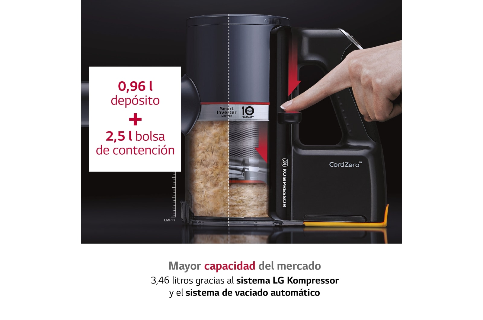 LG Aspirador escoba LG All-in-One Kompressor 210W de succión, sistema de autovaciado, doble batería y sistema de compresión de polvo, A9T-ULTRA2C