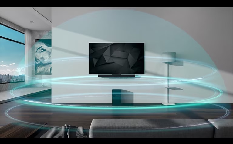 Unas capas de sonido azules en forma de cúpula cubren la barra de sonido y el televisor colgados en la pared del salón.