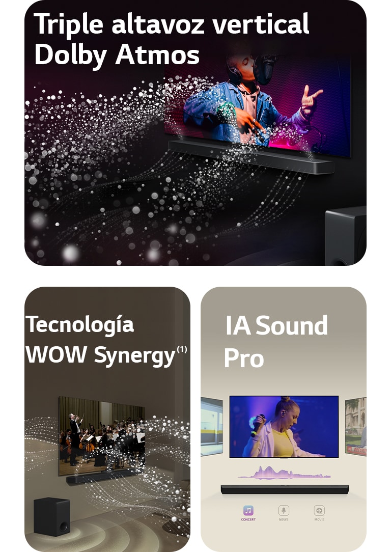 Barra de sonido LG y televisor LG en una habitación oscura tocando una actuación musical. Las gotas blancas que representan las ondas sonoras se disparan hacia arriba y hacia adelante desde la barra de sonido, ya que el subwoofer crea un efecto de sonido desde la parte inferior.  Barra de sonido LG y televisor LG en una sala de estar tocando una actuación de orquesta. Las ondas blancas de gotas que representan las ondas sonoras se disparan hacia arriba y hacia adelante desde la barra de sonido y se proyectan desde el televisor, ya que el subwoofer crea un efecto de sonido desde la parte inferior.  Barra de sonido LG con tres pantallas de TV diferentes arriba. Uno muestra una película, otro muestra un concierto y el otro muestra un noticiero. Debajo de la barra de sonido, hay tres iconos para mostrar cada género.